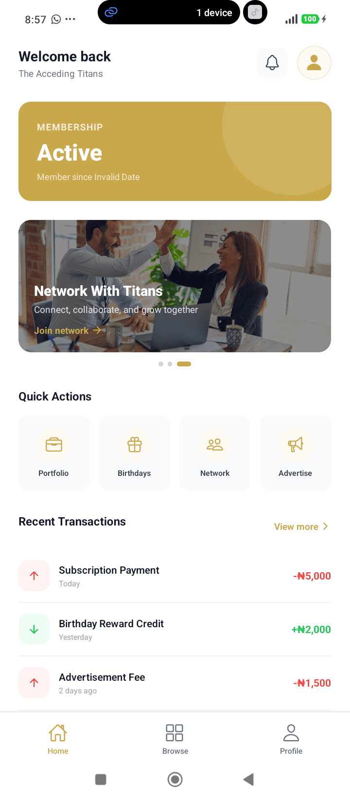 Acceding Titans App Dashboard